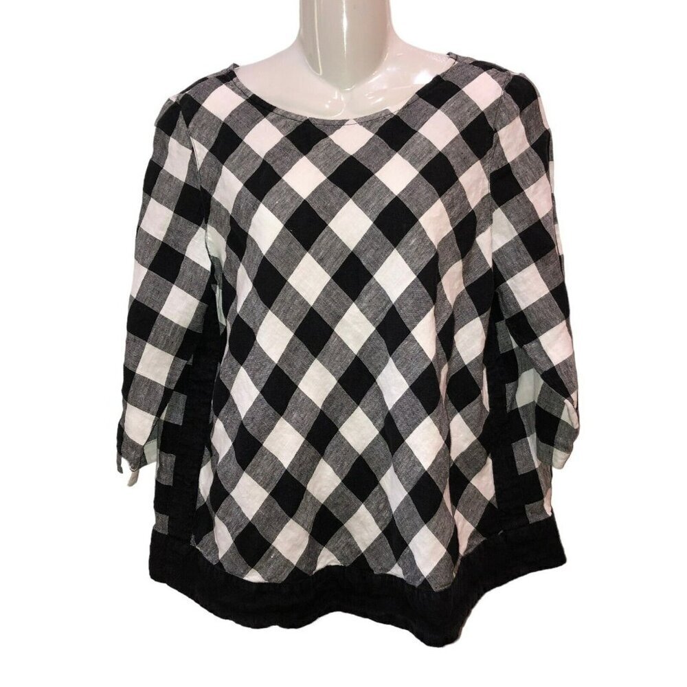 J Jill Love Linen Petite Medium Black White Gingham 3/4 Sleeve Shirt Top Size MP